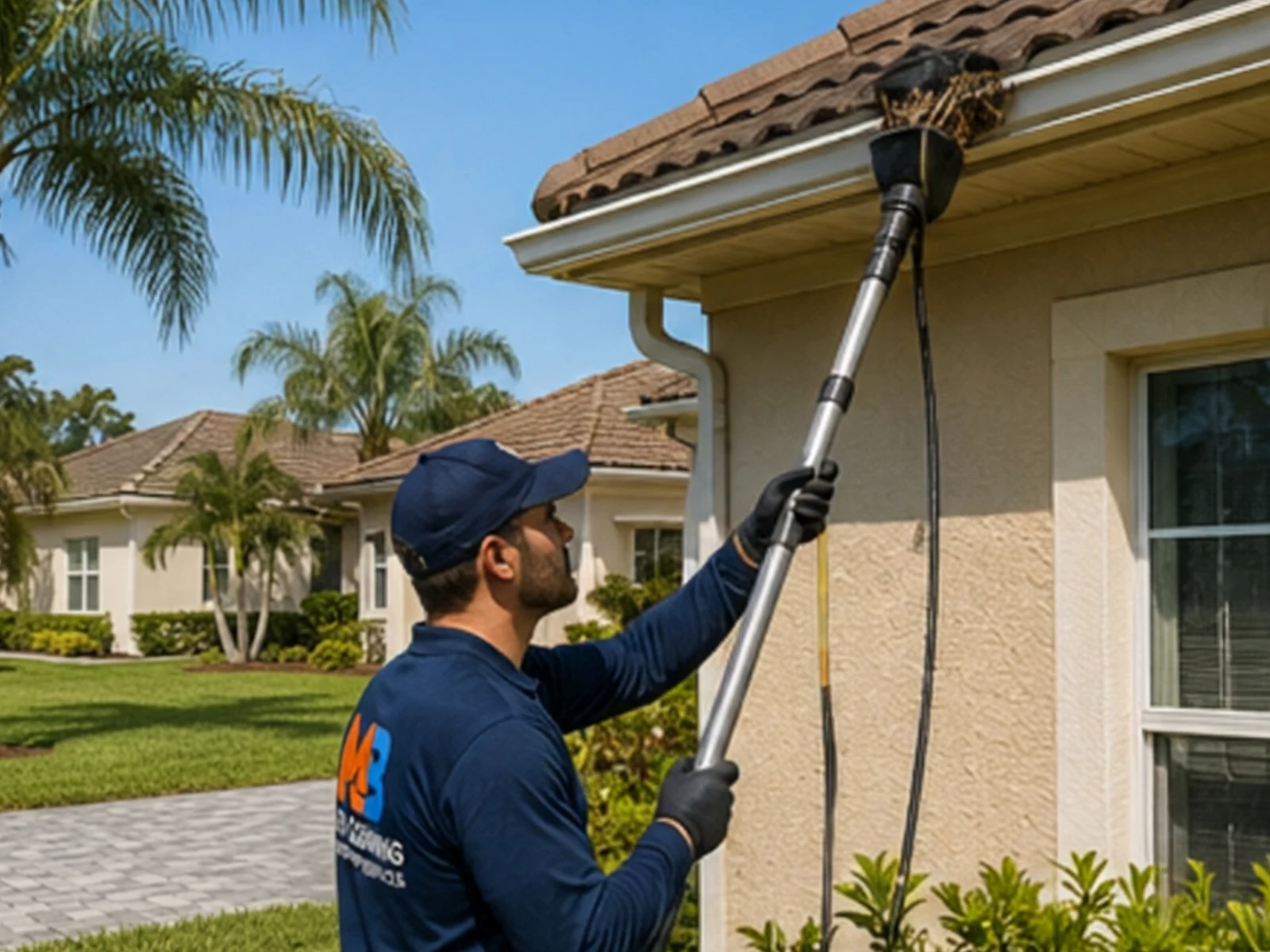 Professional gutter cleaning removing debris and ensuring proper drainage