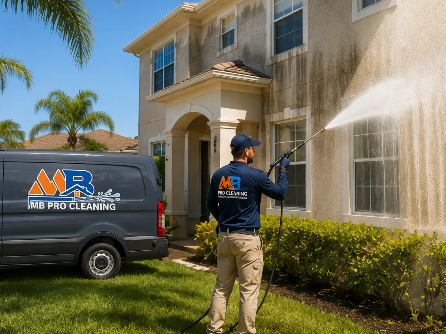 Professional house washing service removing dirt and mildew from a Florida home exterior