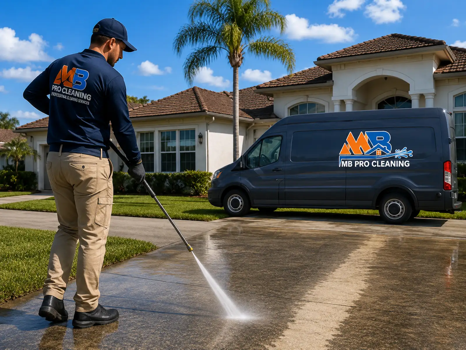 High-pressure washing cleaning a concrete surface with powerful water stream