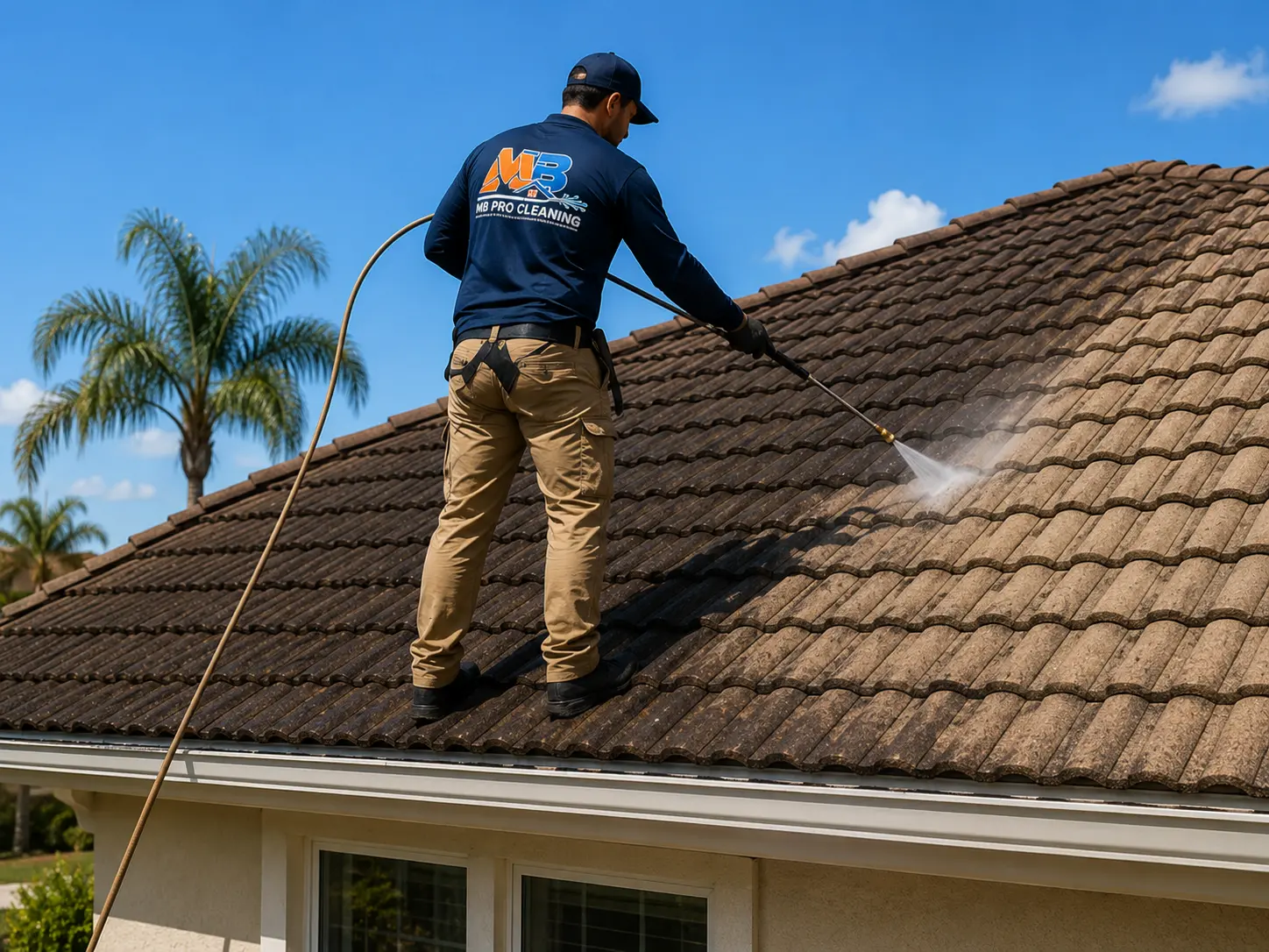 Professional roof cleaning removing black streaks and algae from residential roof tiles