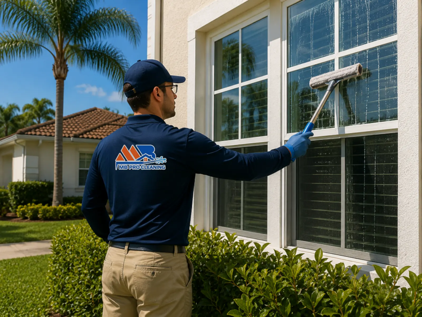 Streak-free window cleaning service on a residential Florida home