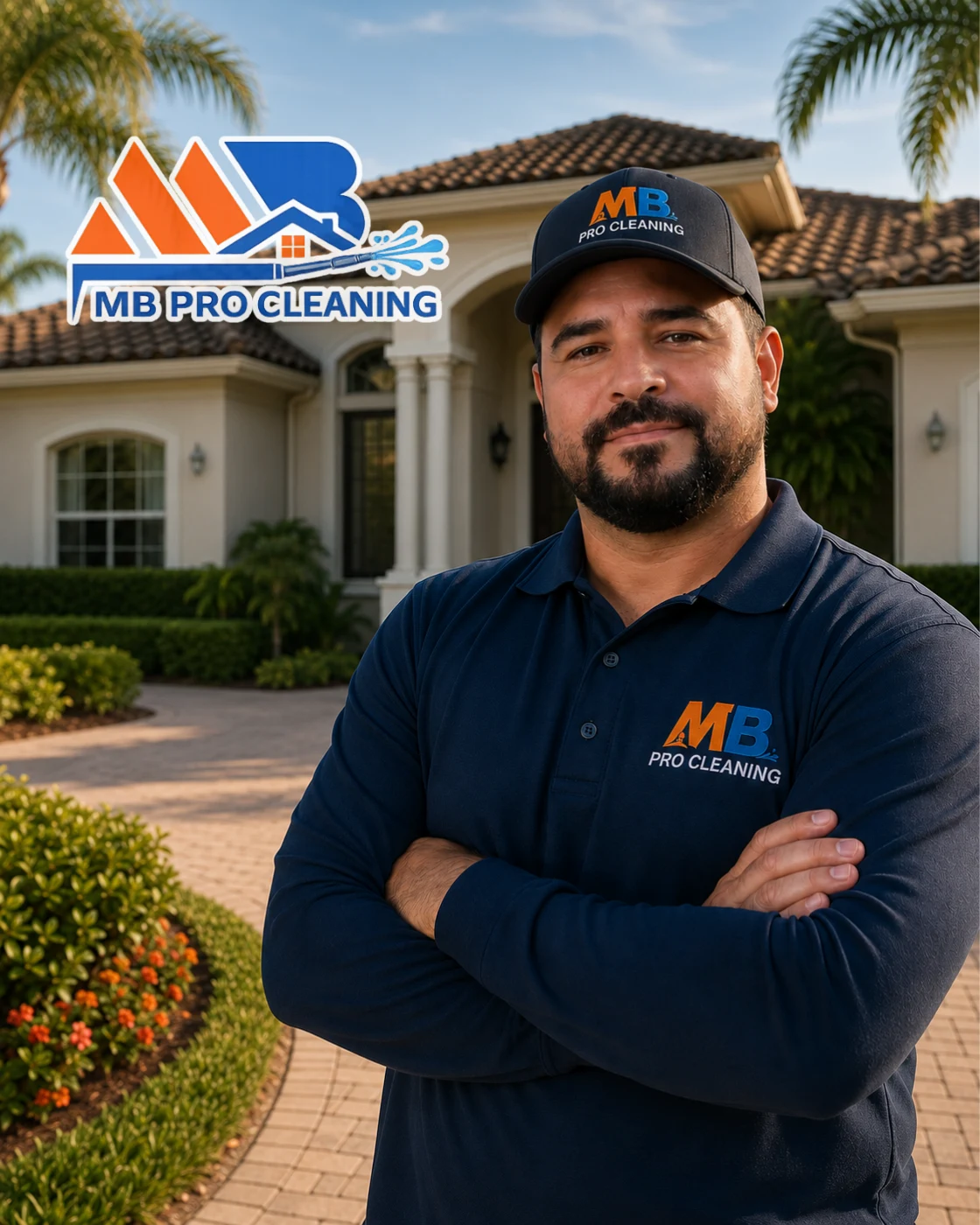Professional MB Pro Cleaning technician pressure washing a residential exterior in Florida, ensuring premium customer satisfaction